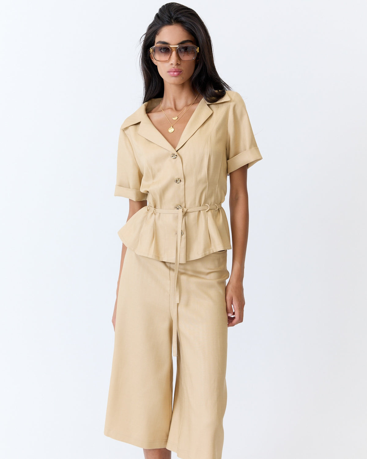 Josephine Culotte Short - Caramel Herringbone