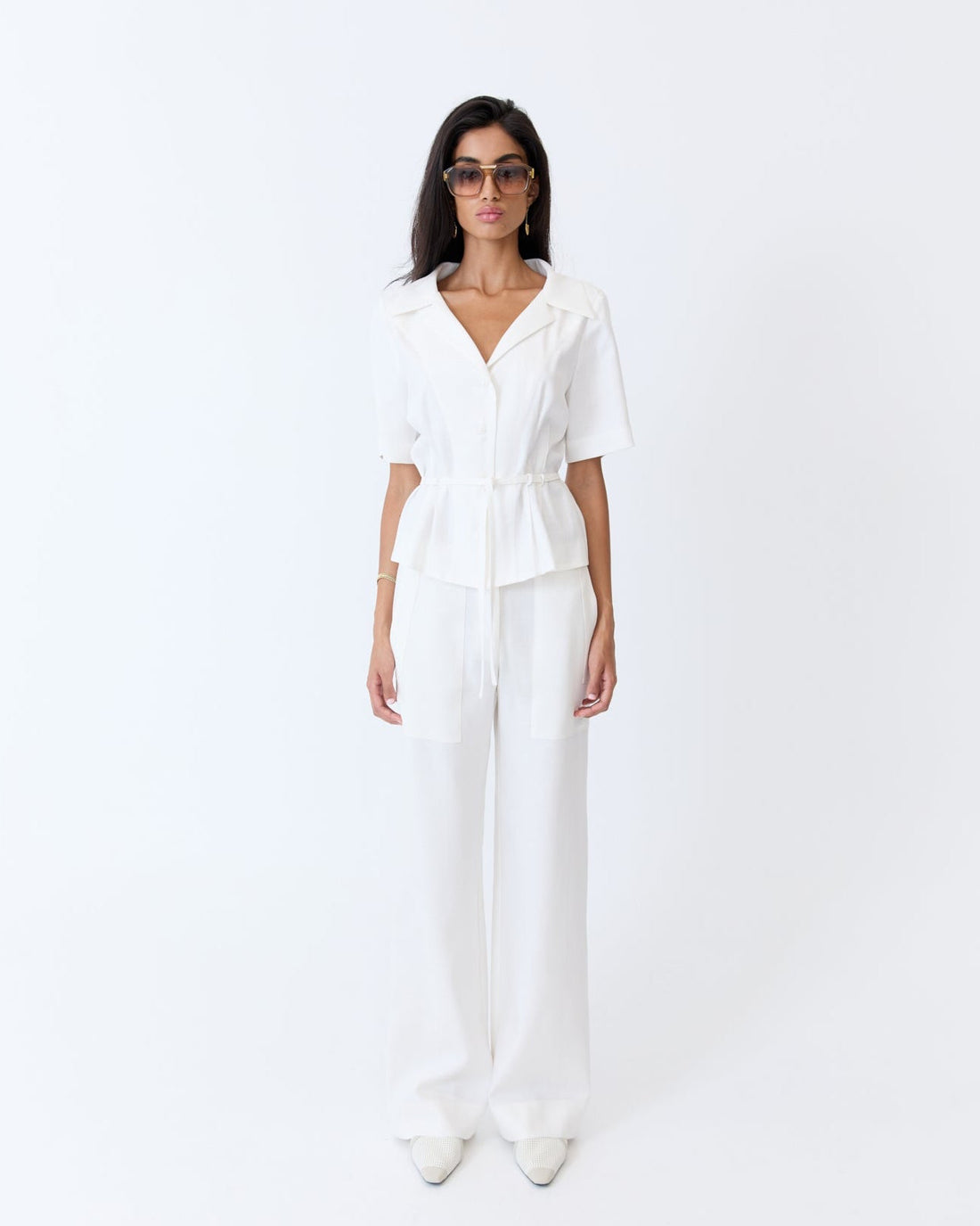 Angelica Blouse - Off White Herringbone