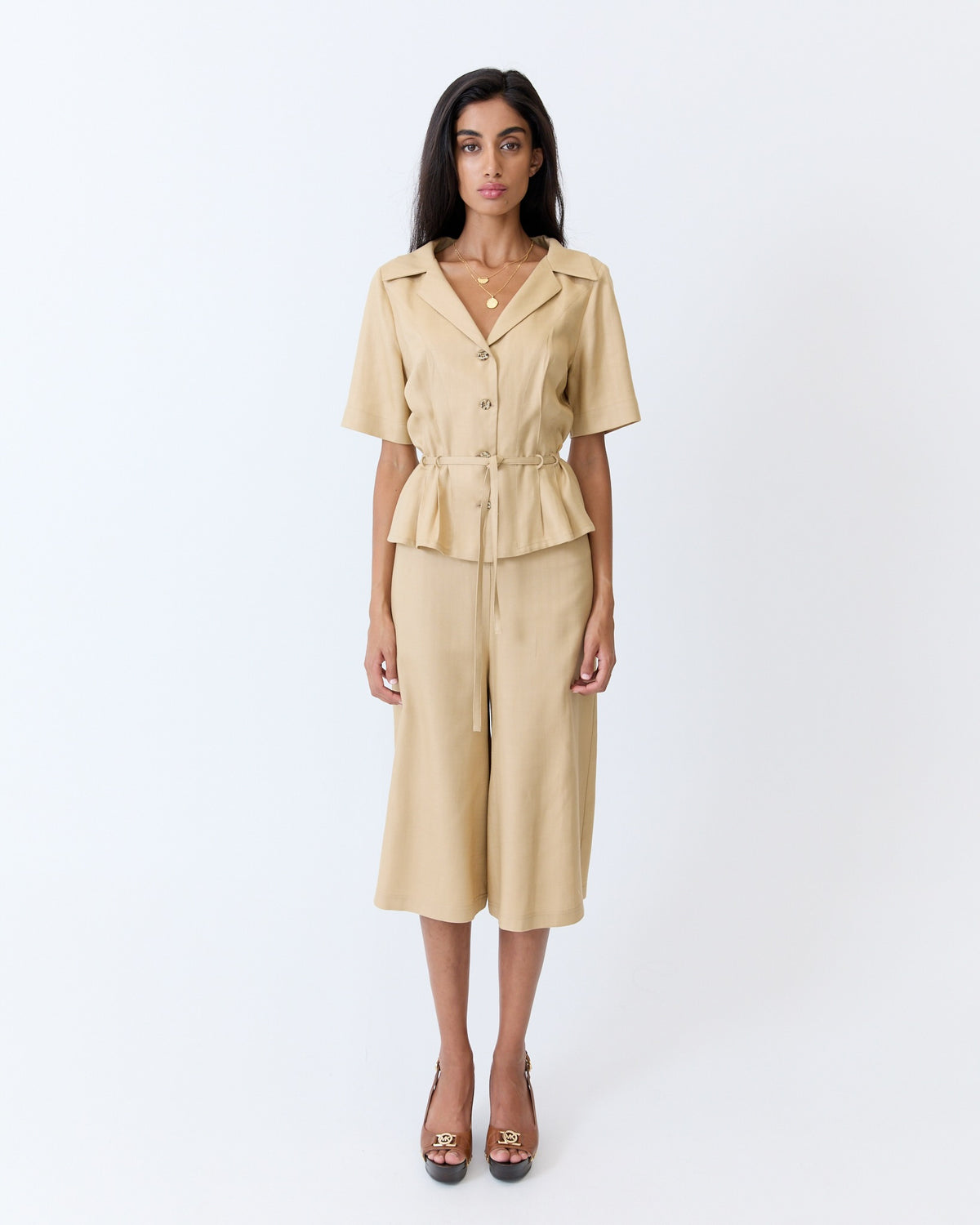 Josephine Culotte Short - Caramel Herringbone