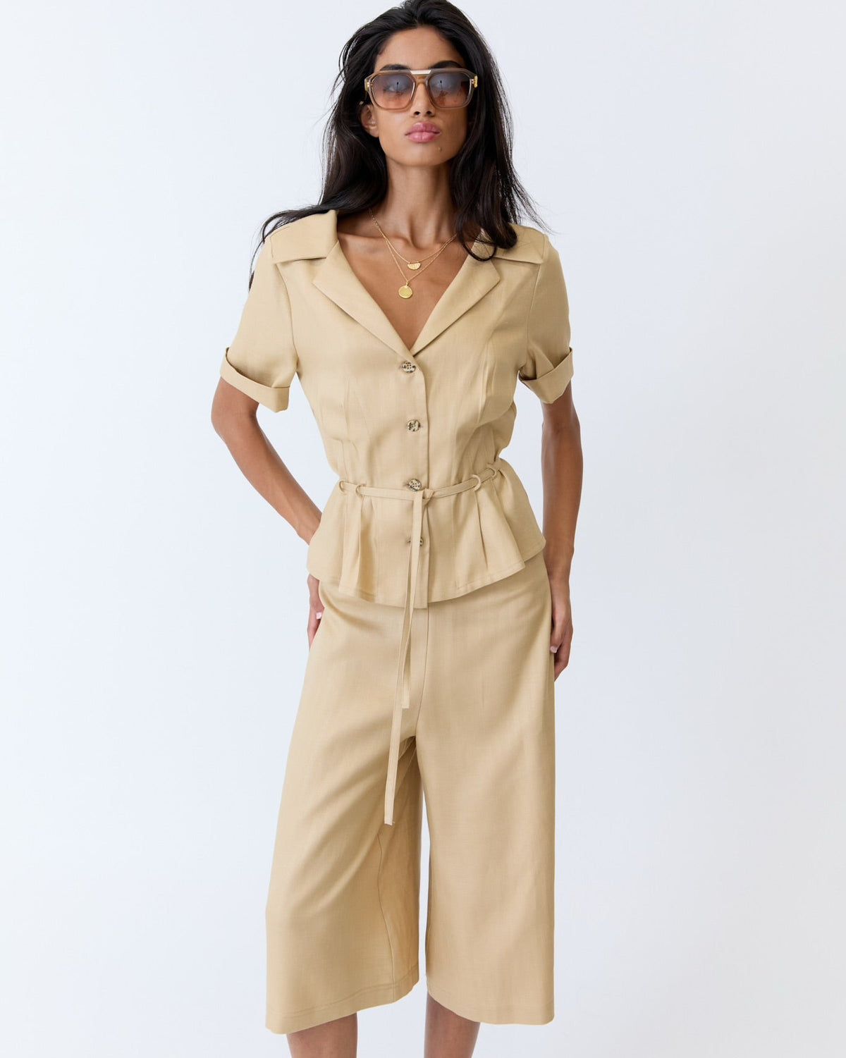 Josephine Culotte Short - Caramel Herringbone