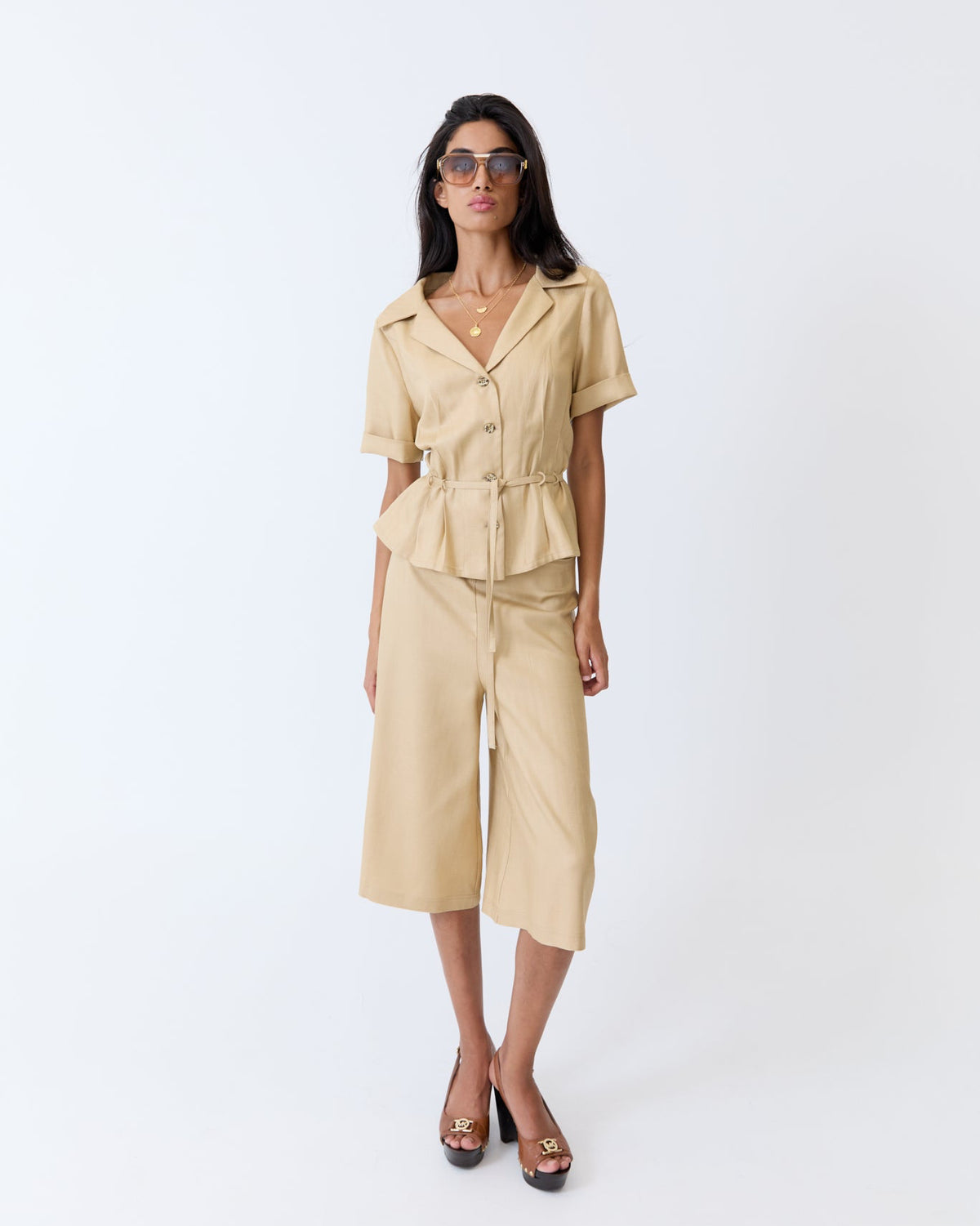 Josephine Culotte Short - Caramel Herringbone